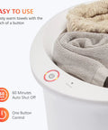 Large Towel Warmer for Bathroom with Auto Shut Off, Fast Heat Up in Minutes showing easy one touch control with towels inside.