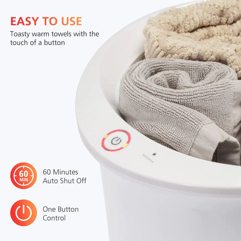 Large Towel Warmer for Bathroom with Auto Shut Off, Fast Heat Up in Minutes showing easy one touch control with towels inside.