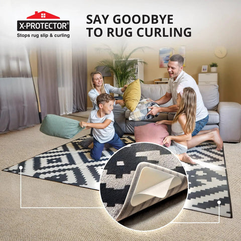 Ultra Thin Rug Tape For Carpets 12 Pcs Set No Slip Corner Grippers in use on family room rug