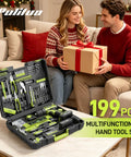 Smooth Operator 20V Cordless Drill Driver With 199 Piece Power Tool Set Including Two Batteries Quick Charger Led Light And Rugged Tool Box For Easy Home Projects Furniture Assembly And Wood Metal Drilling Built Tough To Crush Any Job displayed in a festive setting with a smiling couple.