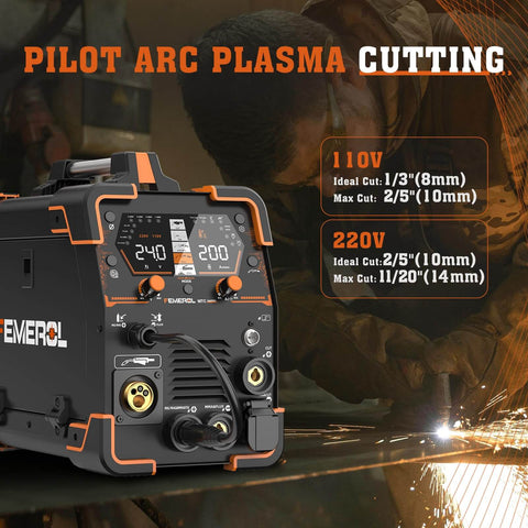 Front view of the All In One 6 In 1 Welding Machine For Home DIY Pros Gas MIG Flux MIG Plasma Cut HF TIG Stick And Spot Weld 110 220V Dual Voltage Aluminum Welder Built For Portable Heavy Duty Everyday Metalworking with digital display.