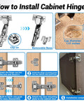 Diagram showing installation steps for 4 Pack Frameless Soft Close Cabinet Hinges 170 Degree Concealed Full Overlay