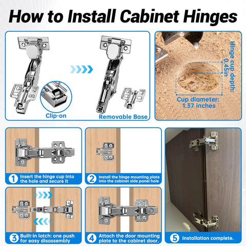 Diagram showing installation steps for 4 Pack Frameless Soft Close Cabinet Hinges 170 Degree Concealed Full Overlay