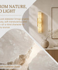 Brushed Brass And Natural Alabaster Wall Sconces Set Of Two casts a super chill ambient glow with natural alabaster shade.