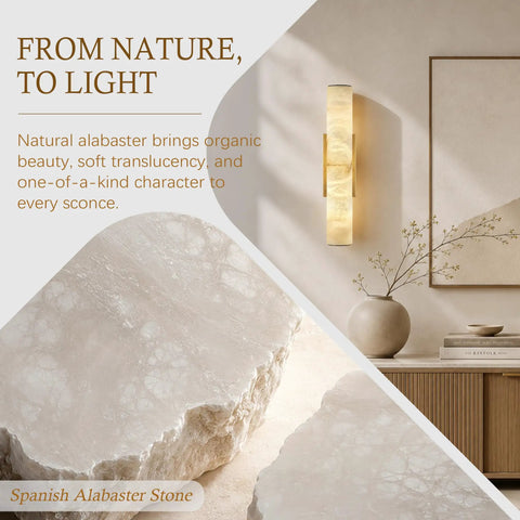 Brushed Brass And Natural Alabaster Wall Sconces Set Of Two casts a super chill ambient glow with natural alabaster shade.
