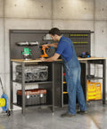 Man using 60 Inch Heavy Duty Garage Workbench With Pro Grade Tool Organizer System, 2000 Lbs Capacity, in a garage setup