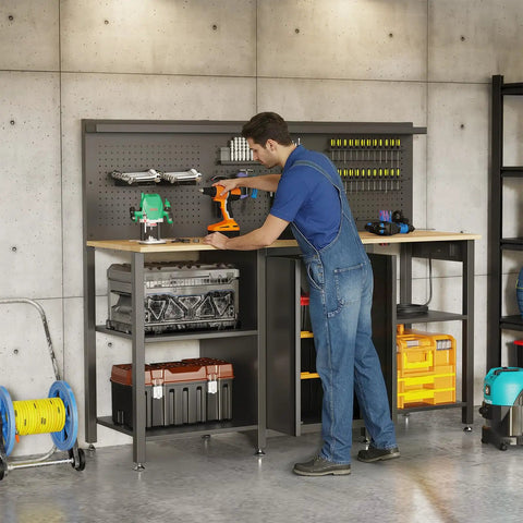 Man using 60 Inch Heavy Duty Garage Workbench With Pro Grade Tool Organizer System, 2000 Lbs Capacity, in a garage setup