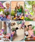 Collage of people using Ten Piece All In One Garden Tool Kit With Floral Print And Ergonomic Handles Including Trowel Rake Weeder Pruner Shears Sprayer And Hedge Shears In A Hard Shell Carrying Case Awesome Gift For Women And Dads.
