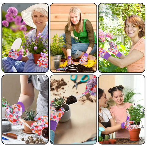Collage of people using Ten Piece All In One Garden Tool Kit With Floral Print And Ergonomic Handles Including Trowel Rake Weeder Pruner Shears Sprayer And Hedge Shears In A Hard Shell Carrying Case Awesome Gift For Women And Dads.
