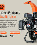 Close-up of Compact 7HP Mini Wood Chipper Shredder Mulcher engine showcasing 212cc robust gas engine and 4-stroke cylinder