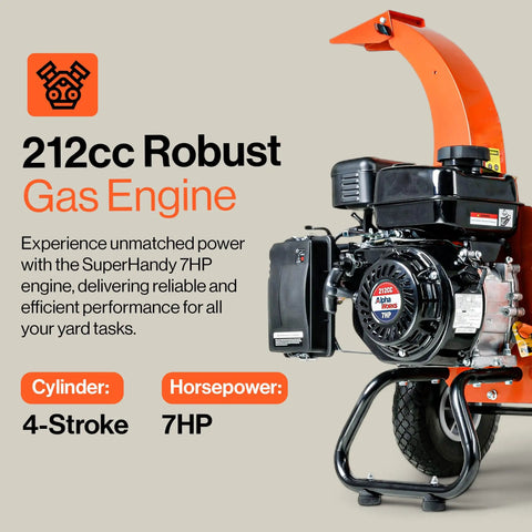 Close-up of Compact 7HP Mini Wood Chipper Shredder Mulcher engine showcasing 212cc robust gas engine and 4-stroke cylinder