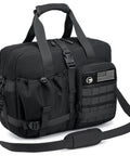 Go To Under Seat Travel Duffel Bag With Laptop Pocket 16x12x6 Inch 40x30x15 Cm Waterproof Oxford Gear Tactical Messenger Style Carry On Luggage For Planes Overnight Trips Fits 15.6 Inch Laptop Unisex Black, side view with shoulder strap and pockets