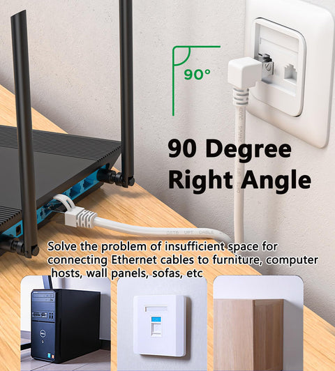 90 Degree Right Angle Cat6 Ethernet Cable 10 Ft White Low Profile For Tight Spaces And Hidden Installations connected to router