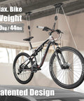 Ceiling Mounted Bike Hoist Rack For Garage Storage, Safe And Easy Lifting With Automatic Locking Brake holding a bicycle