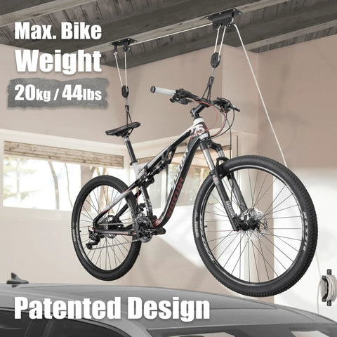 Ceiling Mounted Bike Hoist Rack For Garage Storage, Safe And Easy Lifting With Automatic Locking Brake holding a bicycle