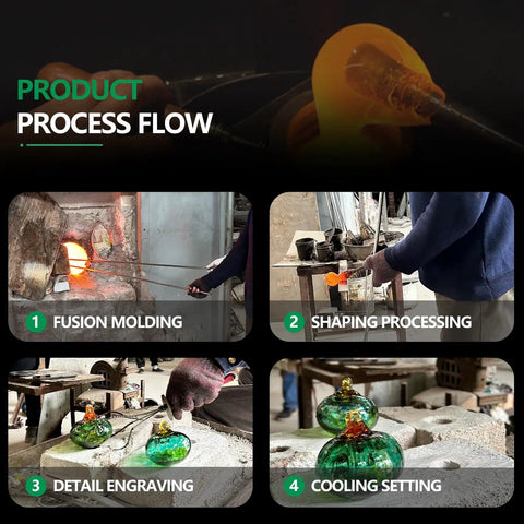 Image showing the process flow of hand blown glass hummingbird feeders, with steps from shaping to cooling, featuring Set Of 3 Small Blown Glass Hummingbird Feeders For Outdoors Hanging With 2 Flower Feeding Ports 3 Inch Glass Hummingbird Feeders Garden Decor For Outside.
