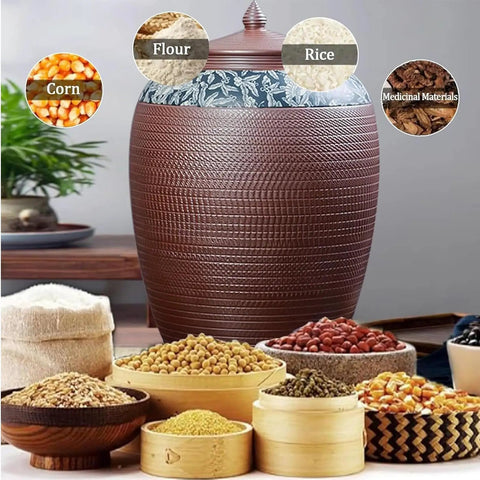 Level Up Your Pantry Setup With This Handmade Ceramic Food Storage Jar Featuring An Airtight Lid To Keep Flour Sugar Coffee Beans And Candy Fresh As New While Dropping Some Serious Cozy Vibe On Your Kitchen Counter, filled with rice and flour.