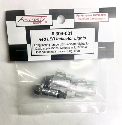 Pack of 2 red LED indicator lights with terminals, for 12V applications, mounted in one-quarter inch thick panels.