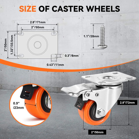 Heavy Duty 2 Inch Plate Caster Wheels Set Of 8 With Brakes size diagram and close-up of wheel with measurements
