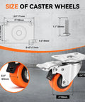 Heavy duty caster wheels 2 inch with dual locking brakes, PVC-encased, 600 lb capacity swivel casters specifications diagram.