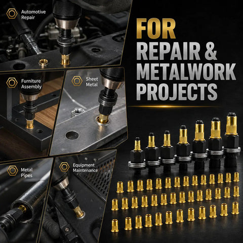 Rivet Nut Pro Grade Tool Set Kit, 77-Piece Metric Rivnut System With 7 Mandrels And 70 Flat Head Nuts, M3 M4 M5 M6 M8 M10 M12, Zinc Plated Carbon Steel Construction For Heavy Duty Rivnut Installation, used for automotive repair and sheet metal