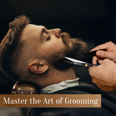 Pro Grade Hair Cutting Scissors 6.5 Inch Razor Edge Barber Shears trimming a beard for salon quality cut