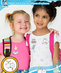 Two children wearing 40 Piece Science Enamel Pins Set For Backpacks And Bags, 20 Fun Lab Theme Badges on shirts and backpacks.