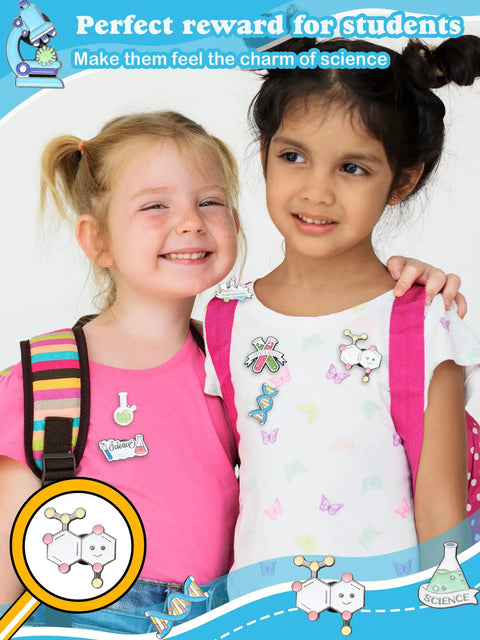 Two children wearing 40 Piece Science Enamel Pins Set For Backpacks And Bags, 20 Fun Lab Theme Badges on shirts and backpacks.