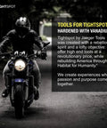Motorcyclist on road with text about Tightspot tools by Jaeger Tools and their mission
