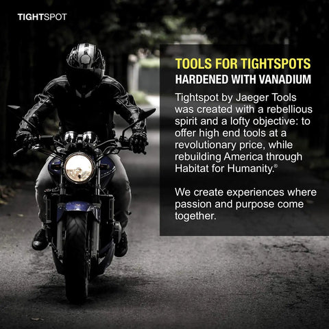 Motorcyclist on road with text about Tightspot tools by Jaeger Tools and their mission