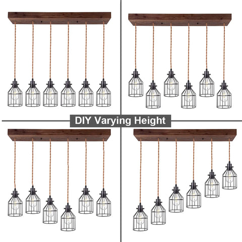 DIY varying height options for Six Light Wood Pendant Light for Kitchen Island With Industrial Black Metal Cage Shades Farmhouse