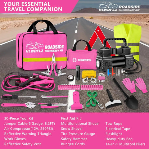 Must Have Portable Car Emergency Kit With 12V Air Compressor Jumper Cables First Aid Auto Tool Set Roadside Safety Gear Winter Driving Essentials Hot Pink Kit For Women Men Teens displayed with contents including air compressor, jumper cables, and first aid kit in hot pink color.