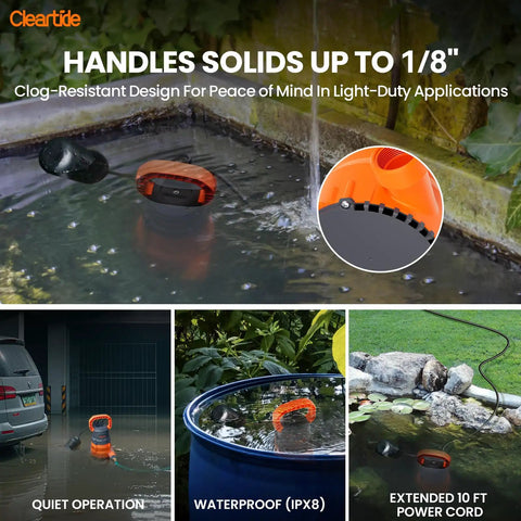 Beefy Submersible Sump Pump With Tethered Float Switch One Quarter Horsepower Utility Water Pump Copper Motor Electric Drain Pump Handles Solids Up To One Eighth Inch Ten Foot Cord High Flow 2160 GPH