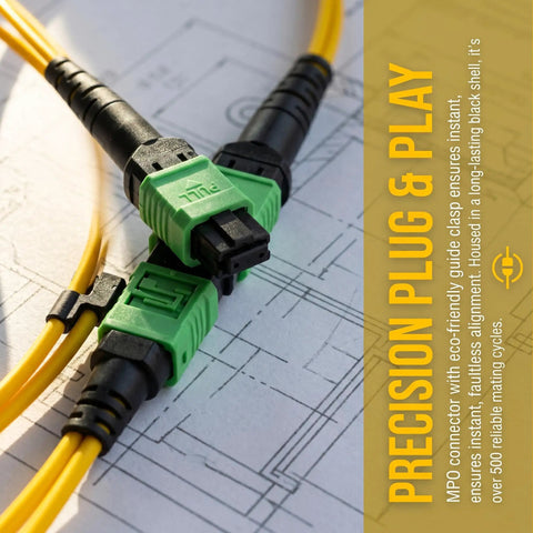 Real Deal MPO Fiber Patch Cable Single Mode 8 Core Type B Female To Female Network Optic Jumper 1 Meter showing connectors and bright yellow cord.