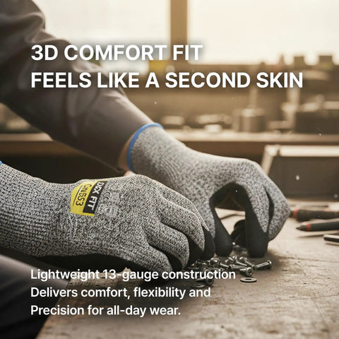 Level 5 Cut Resistant Work Gloves Cru553 with 3D Comfort Fit, grey, size M, handling tools on workbench