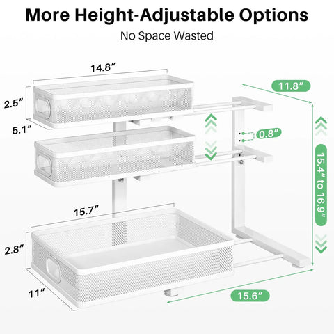 Detailed view of Heavy Duty 2 Pack Under Sink Organizer With Adjustable 3 Tier Metal Pull Out Drawers dimensions and height options.