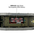 Underside view of Beefed-Up One Sixteenth Scale RC Sherman Tank with 3800mAh battery and metal tracks visible