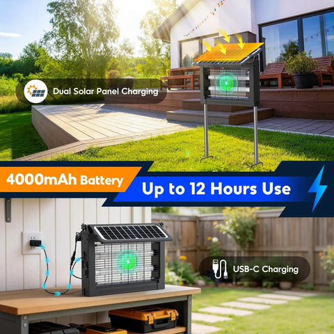 Dual Powered Mosquito Zapper With 4500V Electric Grid USB Recharge Auto On Off IPX5 Waterproof Outdoor Fly Trap in backyard and patio.