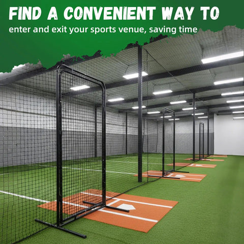 Indoor baseball batting cages with heavy duty freestanding steel frames and doors for easy access.