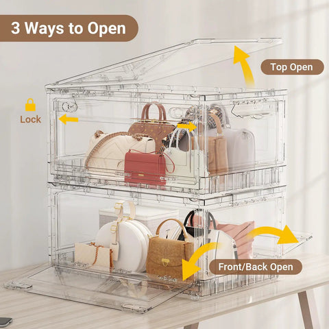 Premium Clear Storage Bins With Smooth Rolling Wheels, Foldable Closet Organizers For Home Office Or Garage, Stacking Drawers That Are A Total Game Changer, Hella Sturdy 4 Pack with bags inside, showing three opening ways.