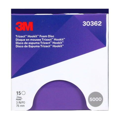 Trizact Hookit Foam Disc P5000 3 Inch Blue Pack Of 15 For Perfect It Paint Finishing System packaging, front view.