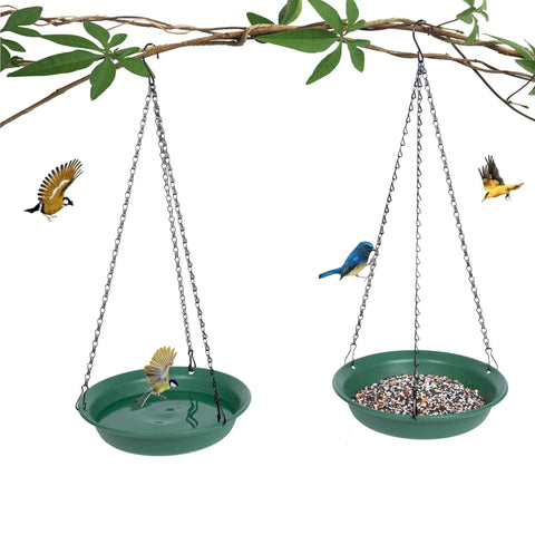 Hanging Bird Feeder And Bird Bath Combo For Outdoors Ready For Easy Setup 10 Inch Tray 16 Inch Chain Durable Plastic Includes Hole And No Hole Trays Attract Cardinals Blue Jays Crows Yard Friendly.
