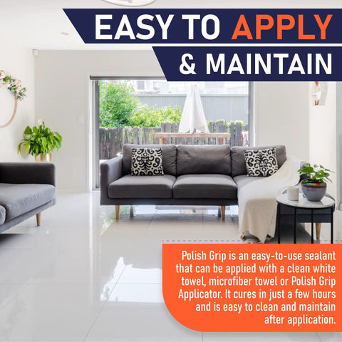 High Grip Non Slip Floor Coating And Sealant For Polished Marble Granite Porcelain Tile Concrete Pint Clear Penetrating Formula applied in a bright living room.