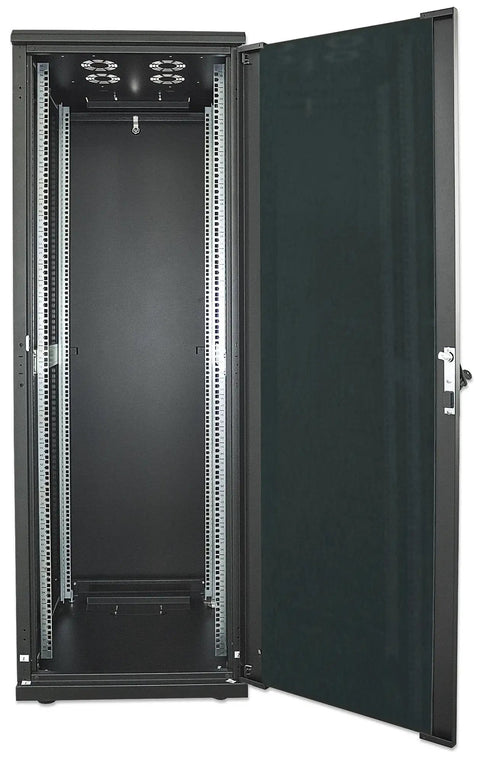 Heavy Duty 19 Inch Network Cabinet Server Rack Enclosure with Secure Locking Doors, open view showcasing adjustable rails.