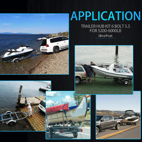Applications of Trailer Hub Kit 6 Lug 5.5 Inch Pre Lubed and Installed for 5200-6000 Lb Axles shown with various trailers.