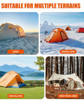 Variety of tents on sand, grassland, snow land, mountain land with Beefy Heavy Duty Ground Anchor Screws In 4 Pack With Nuts And Tool