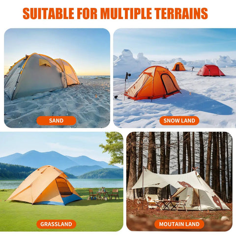 Variety of tents on sand, grassland, snow land, mountain land with Beefy Heavy Duty Ground Anchor Screws In 4 Pack With Nuts And Tool