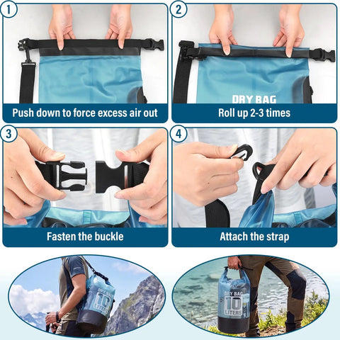 Steps for securing 10L Waterproof Dry Bag Backpack For Men And Women Roll Top Secure Seal Ultra Durable Lightweight Dry Sack.