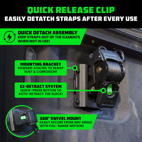 Bed Mounted Retractable Ratchet Straps For Ford Trucks 2015+ F-150 And 2017+ F-250 BoxLink Compatible close view with quick release clip