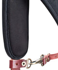 Close-up of neoprene padded yoke and leather loop of Padded Yoke Leather Suspenders for Pros, Heavy Duty Top Grain Leather, 1680D Nylon